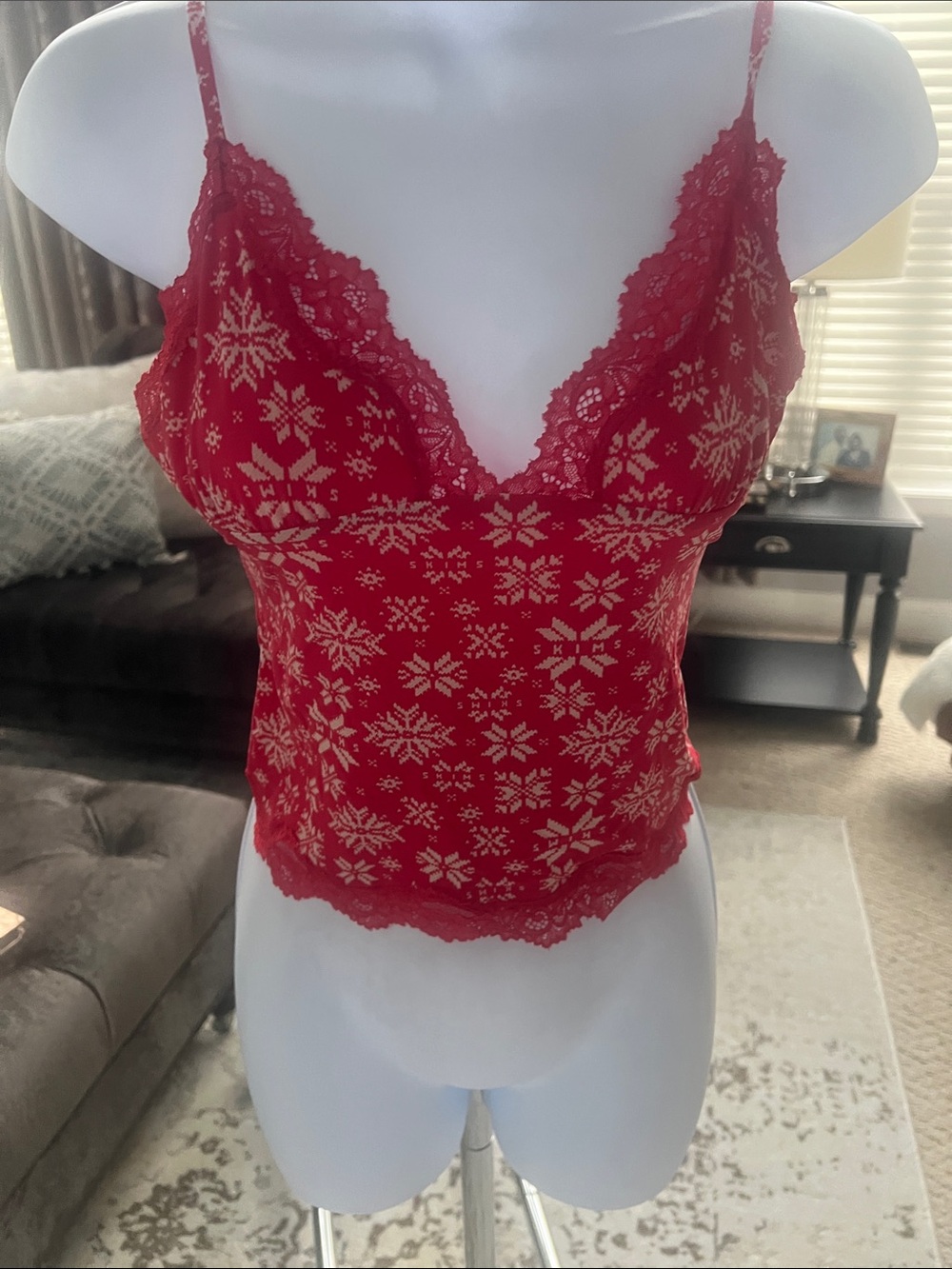 Skims Red Lace Trim Snowflake-Pattern Cami Top